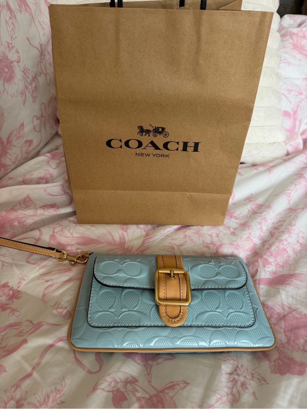 COACH Light Blue Patent Leather Wristlet with Tan Trim & Gold Buckle